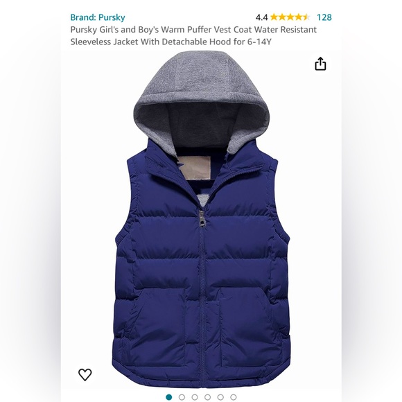 Pursky Kids Puffer Vest - Water Resistant, Detachable Hood, For Boys & Girls Ages 6-14Y